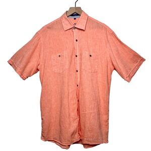 Alan Flusser Mens Coral Orange Linen Cotton Short Sleeve Button Down Shirt M
